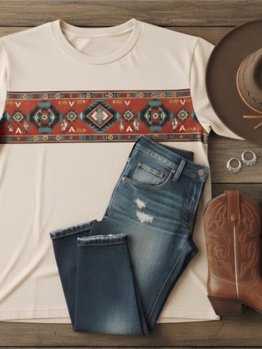 Southwestern Aztec Graphic Tee • Tribal Geometric Band • Western Boho Unisex Tee
